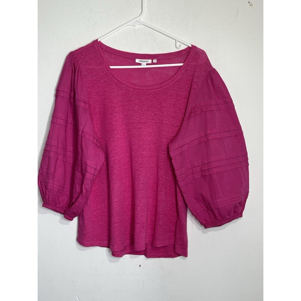 Chico's 100% Linen Pink Layered Top Blouse 3/4 sleeve 2 L (13) Barbie core